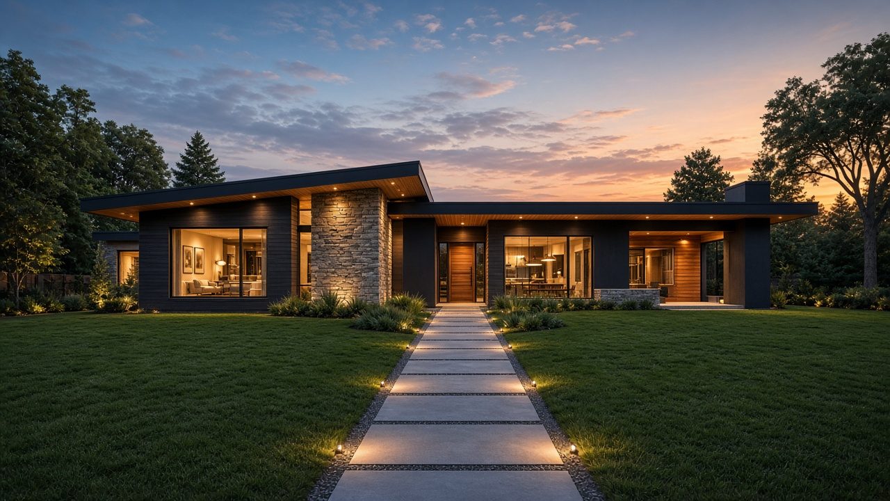 Design rendering of a single-story home at dusk with warm interior light and a lit stone walkway across the lawn
