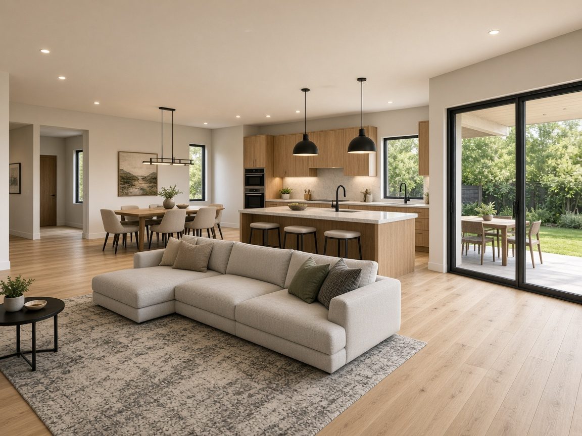 Design rendering of an open great room with a sectional sofa, dining table, kitchen island with pendant lights and sliding glass doors