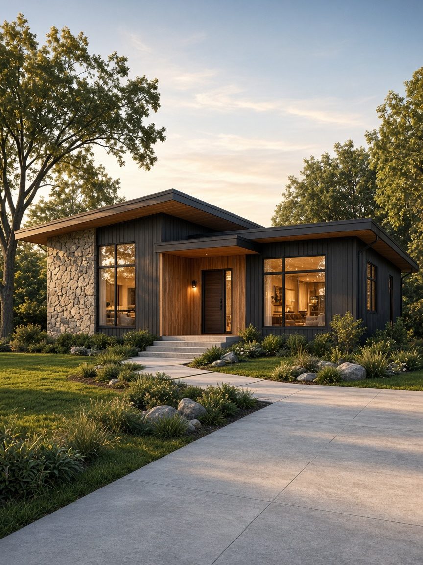 Design rendering of a single-story home with stone and dark cladding, wood accents and a landscaped front walk at sunset